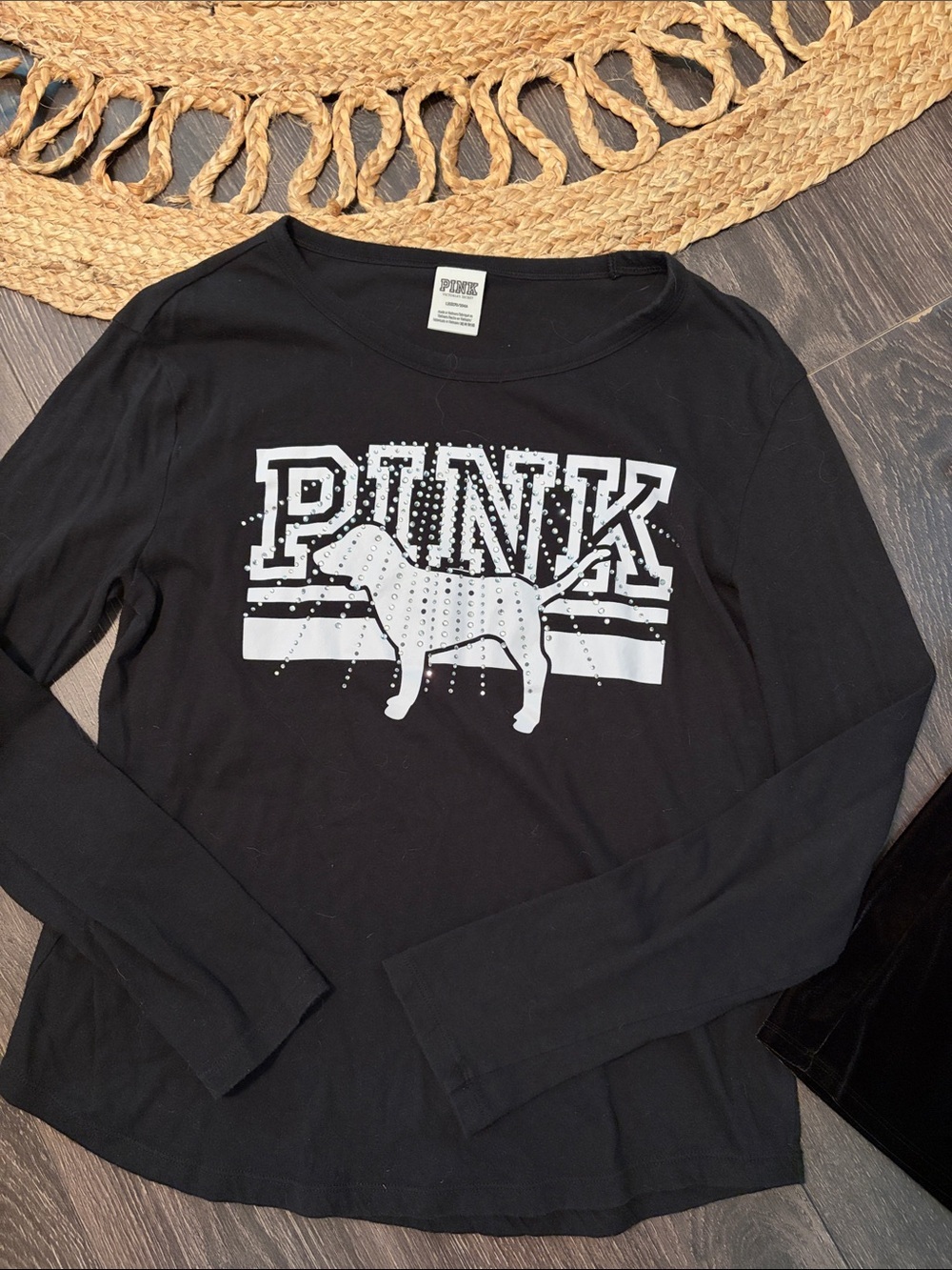 PINK Victoria's Secret Black Velvet Mesh Panel Tee|Long Sleeve Bling Shirt Lot L - Picture 3 of 7